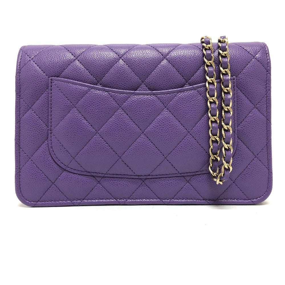 CHANEL A33814 長財布 CCココマーク マトラッセ チェーンウォレット 斜め掛け カバン ショルダーバッグ キャビアスキン レディース パープル