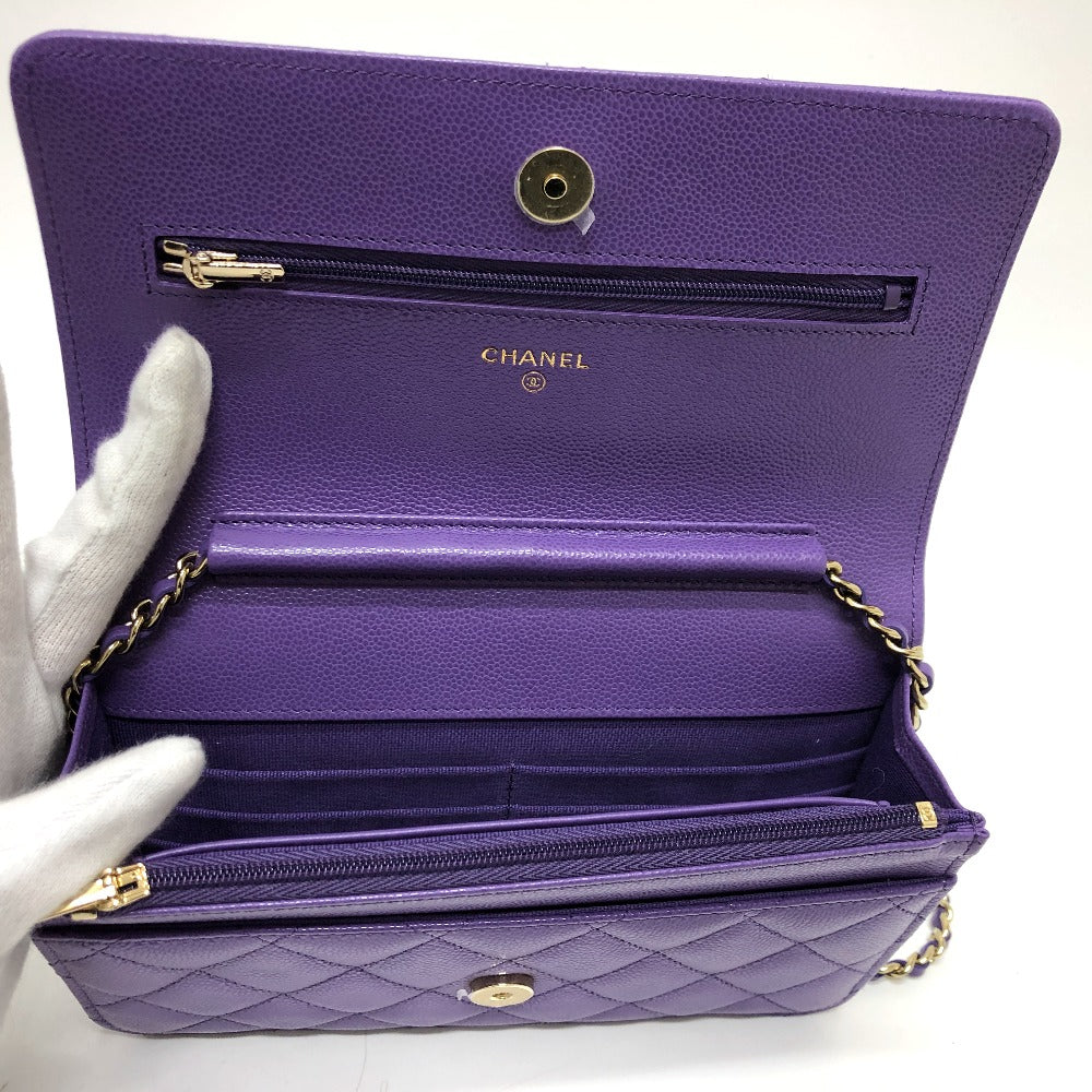 CHANEL A33814 長財布 CCココマーク マトラッセ チェーンウォレット 斜め掛け カバン ショルダーバッグ キャビアスキン レディース パープル