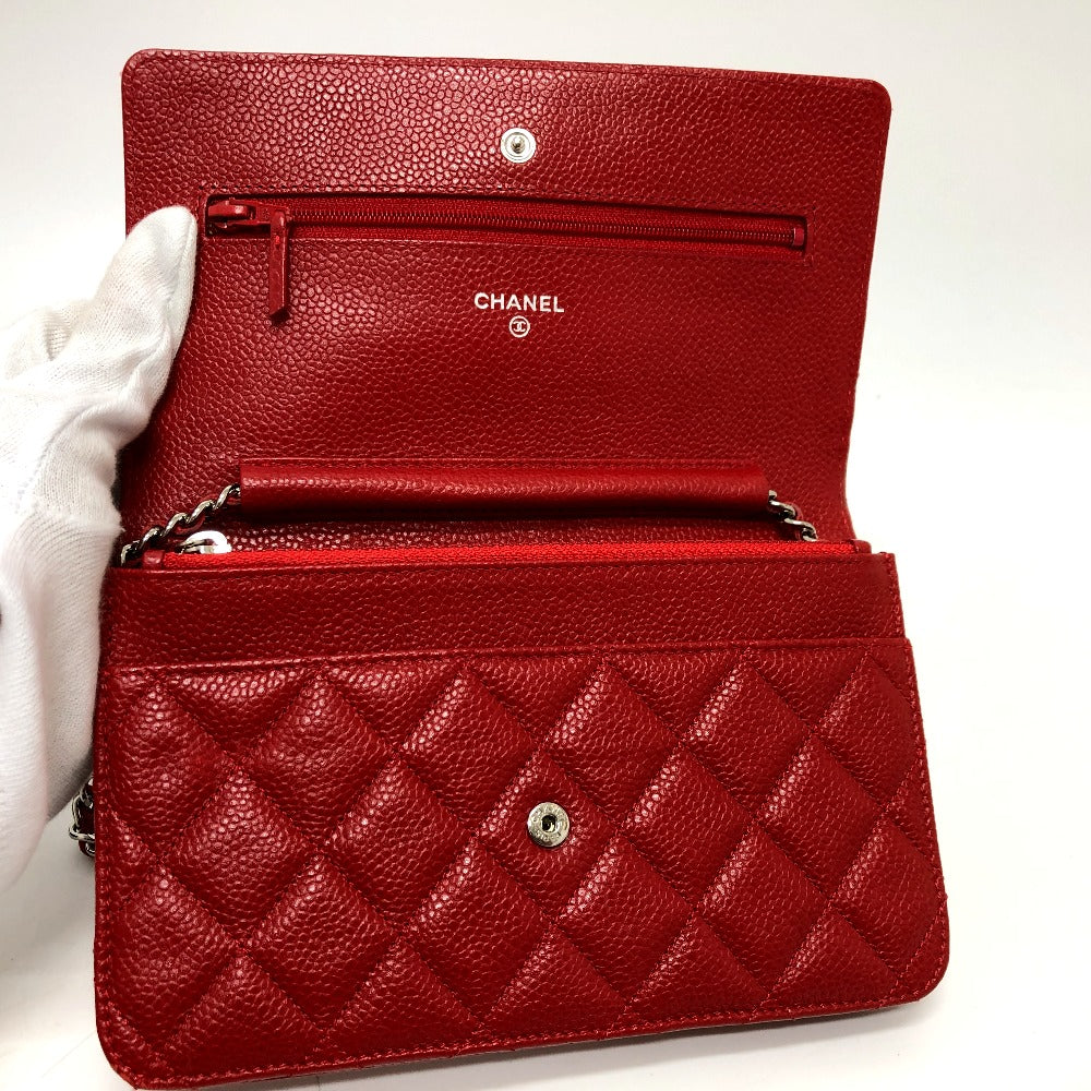 CHANEL AP0250 長財布 CC ココマーク クラシック チェーンウォレット 斜め掛け カバン バッグ ショルダーバッグ キャビアスキン レディース レッド