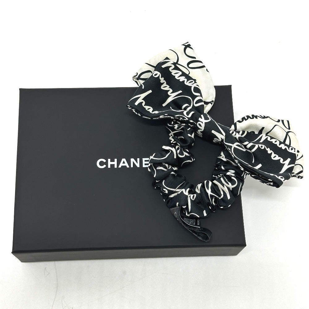 CHANEL 総柄 バイカラー モノトーン リボン ヘアアクセサリー 髪飾り 小物 シュシュ シルク レディース ブラック