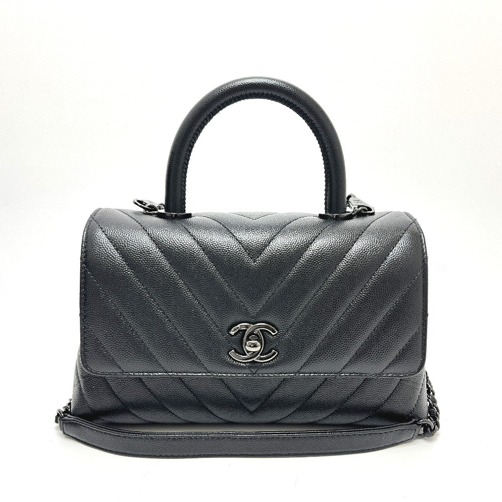 CHANEL シェブロン Vステッチ ココハンドルXS ソーブラック 2WAY カバン バッグ ショルダーバッグ ハンドバッグ キャビアスキン レディース ブラック