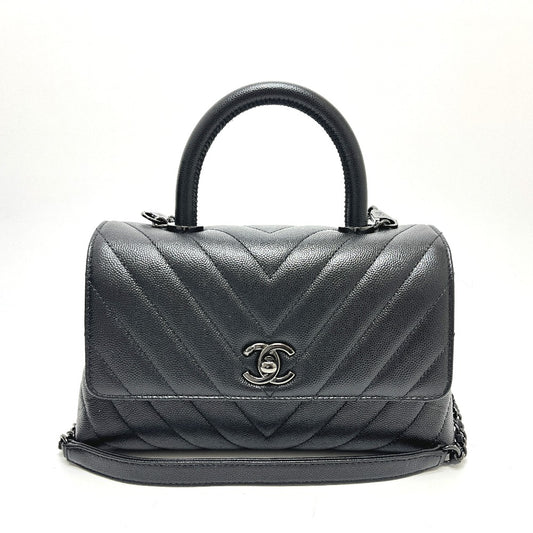CHANEL シェブロン Vステッチ ココハンドルXS ソーブラック 2WAY カバン バッグ ショルダーバッグ ハンドバッグ キャビアスキン レディース ブラック