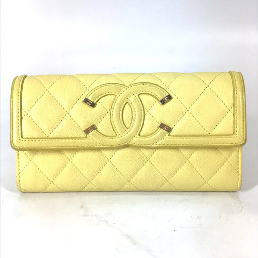 CHANEL ロングウォレット フィリグリー CC ココマーク 2つ折り 長財布 キャビアスキン レディース イエロー