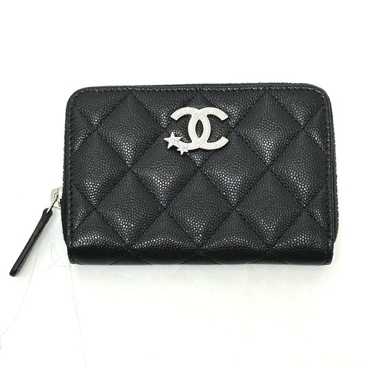 CHANEL AP3728　 25B マトラッセ スターココマーク ジップ 2つ折り財布 キャビアスキン レディース ブラック