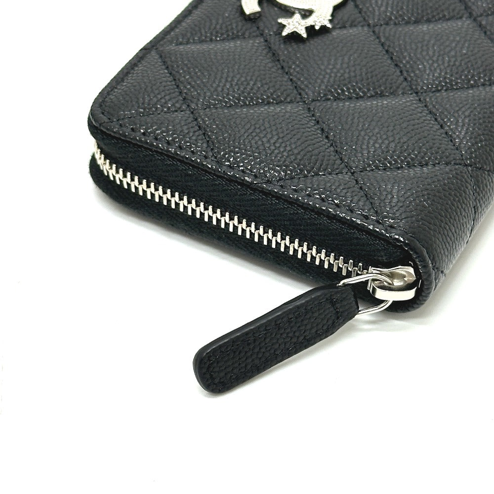 CHANEL AP3728 25B Matelasse Star Coco Mark Zip Bifold Wallet in Caviar Leather, Women's, Black