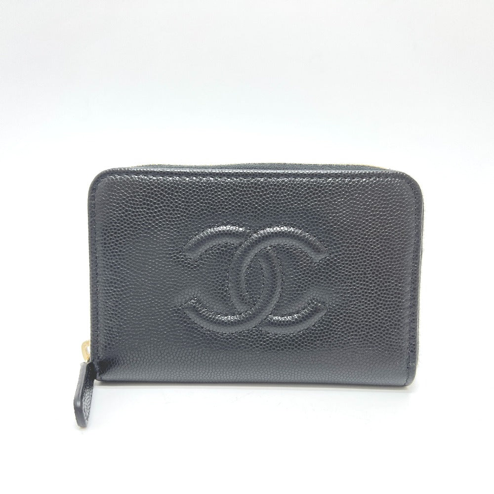 CHANEL AP4658 Coco Mark Zip Coin Purse Long Wallet Caviar Leather Women's Black