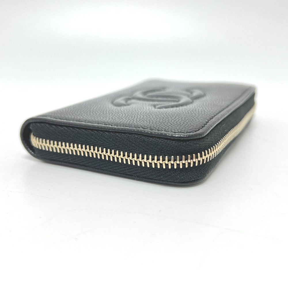 CHANEL AP4658 Coco Mark Zip Coin Purse Long Wallet Caviar Leather Women's Black