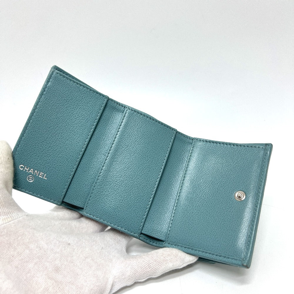 CHANEL Push Lock Half Coco Mark Compact Wallet, Tri-fold Leather Wallet, Women's, Light Blue