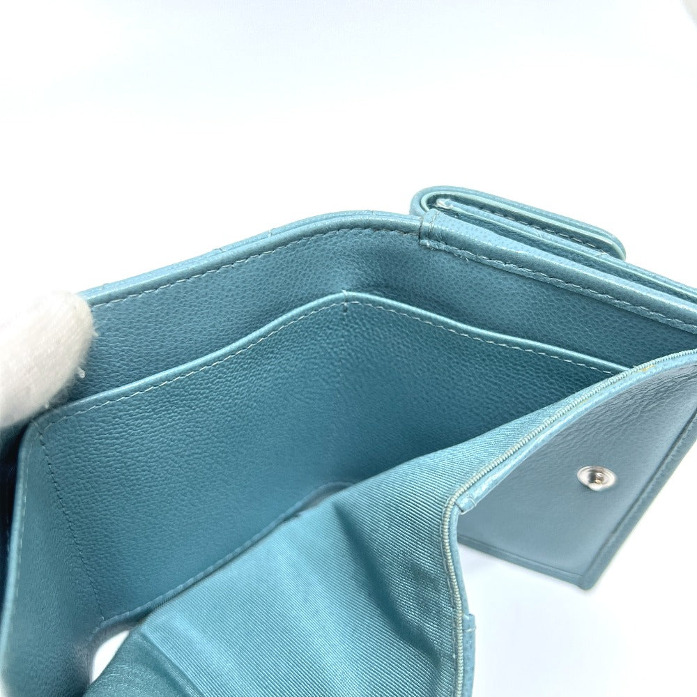 CHANEL Push Lock Half Coco Mark Compact Wallet, Tri-fold Leather Wallet, Women's, Light Blue
