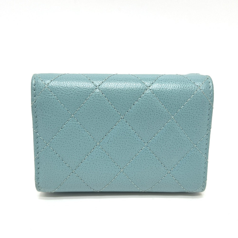 CHANEL Push Lock Half Coco Mark Compact Wallet, Tri-fold Leather Wallet, Women's, Light Blue