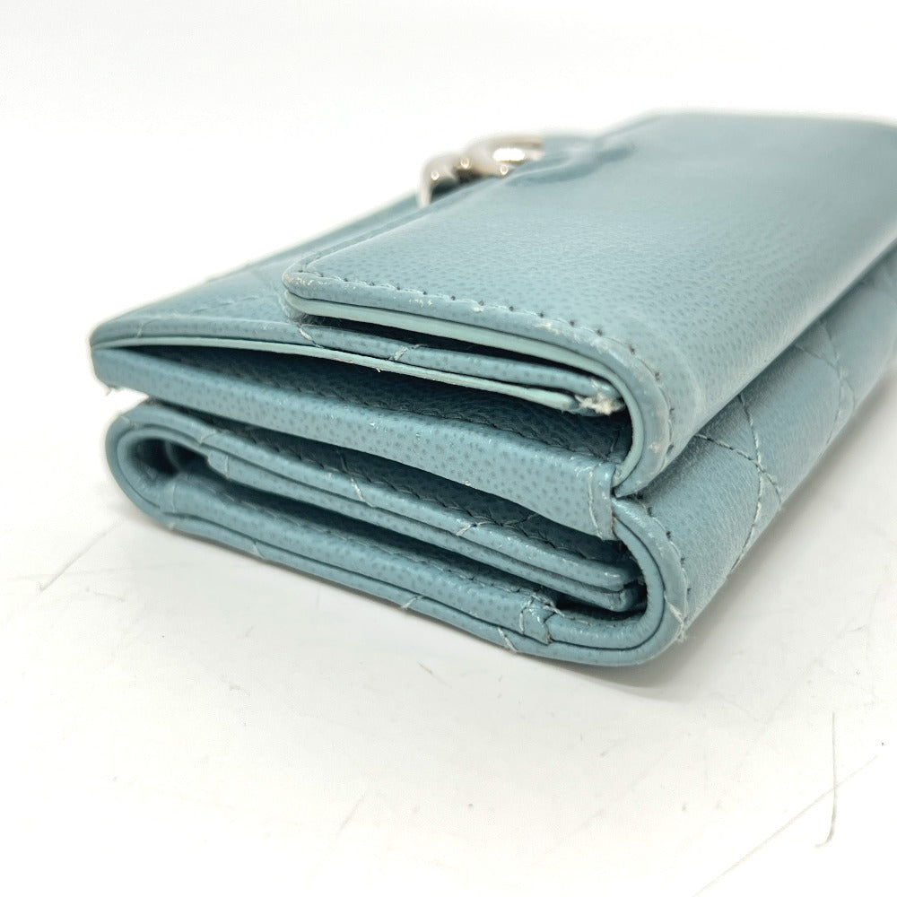 CHANEL Push Lock Half Coco Mark Compact Wallet, Tri-fold Leather Wallet, Women's, Light Blue