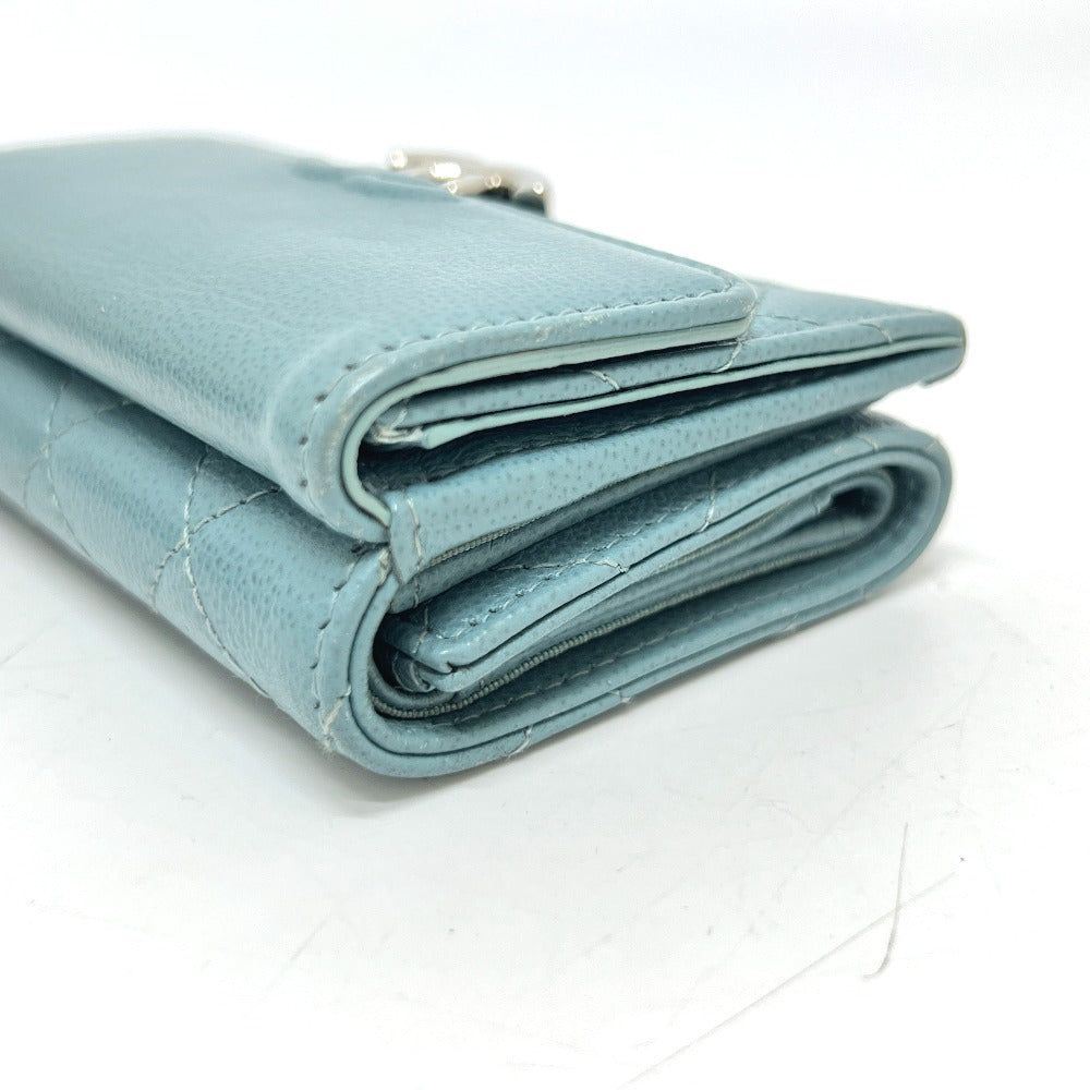 CHANEL Push Lock Half Coco Mark Compact Wallet, Tri-fold Leather Wallet, Women's, Light Blue