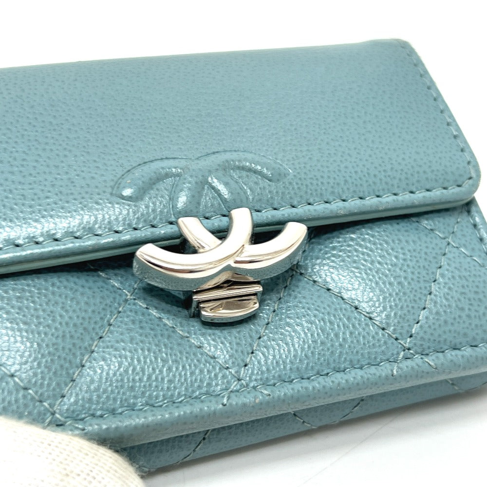 CHANEL Push Lock Half Coco Mark Compact Wallet, Tri-fold Leather Wallet, Women's, Light Blue