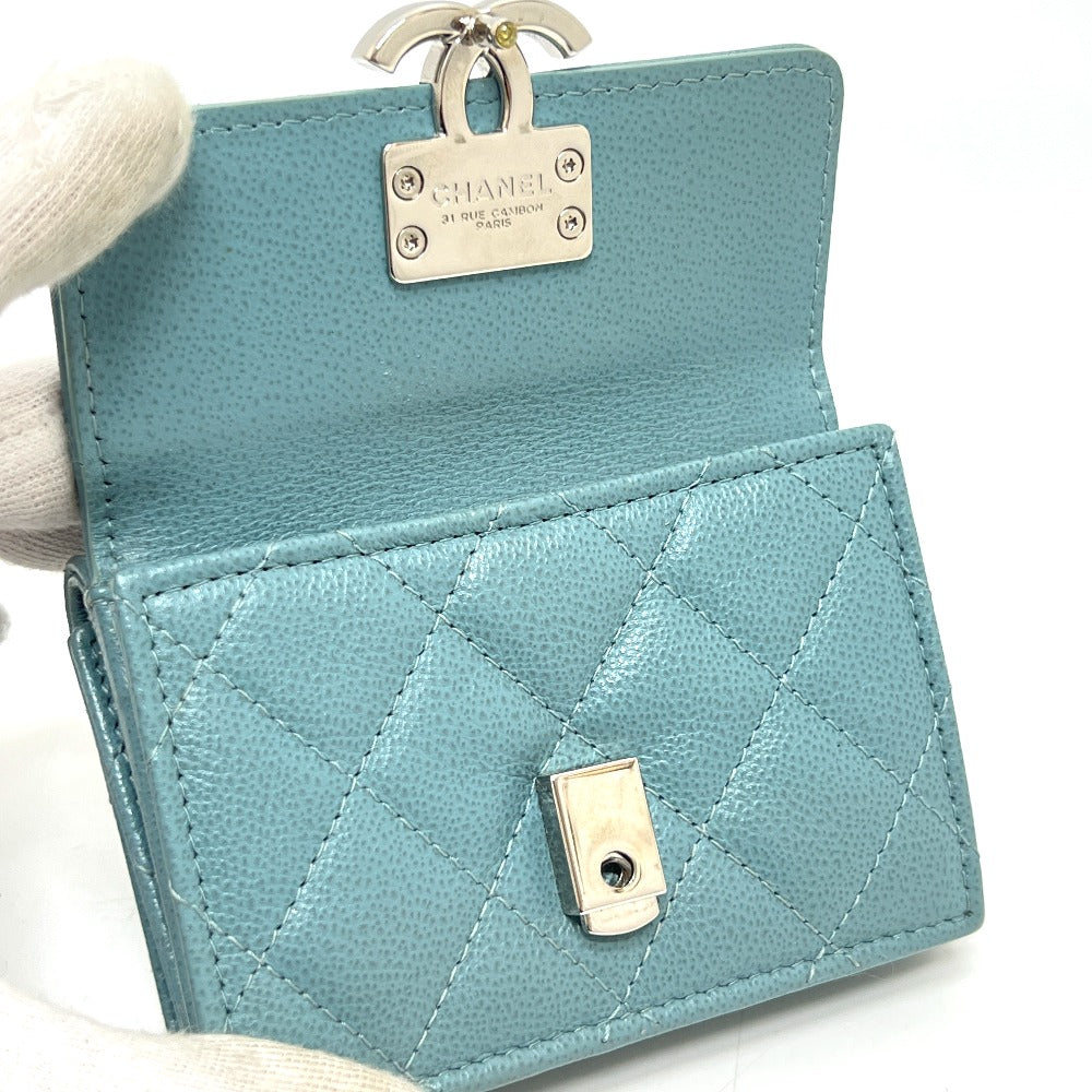 CHANEL Push Lock Half Coco Mark Compact Wallet, Tri-fold Leather Wallet, Women's, Light Blue