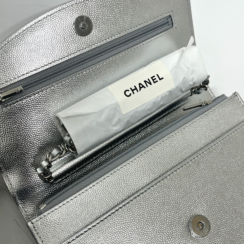 CHANEL AP4653 メティエダール コレクション ココマーク チェーンウォレット ショルダーバッグ キャビアスキン レディース シルバー