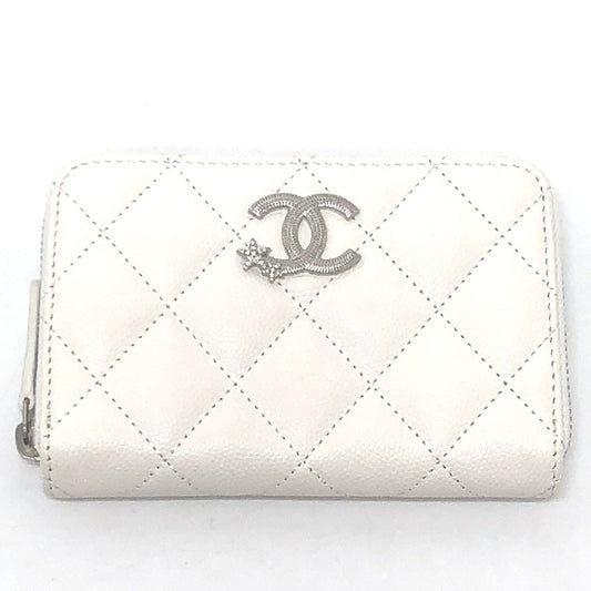CHANEL AP3728 Star Coco Mark Round Coin Case Compact Wallet Long Wallet Caviar Leather Women's White