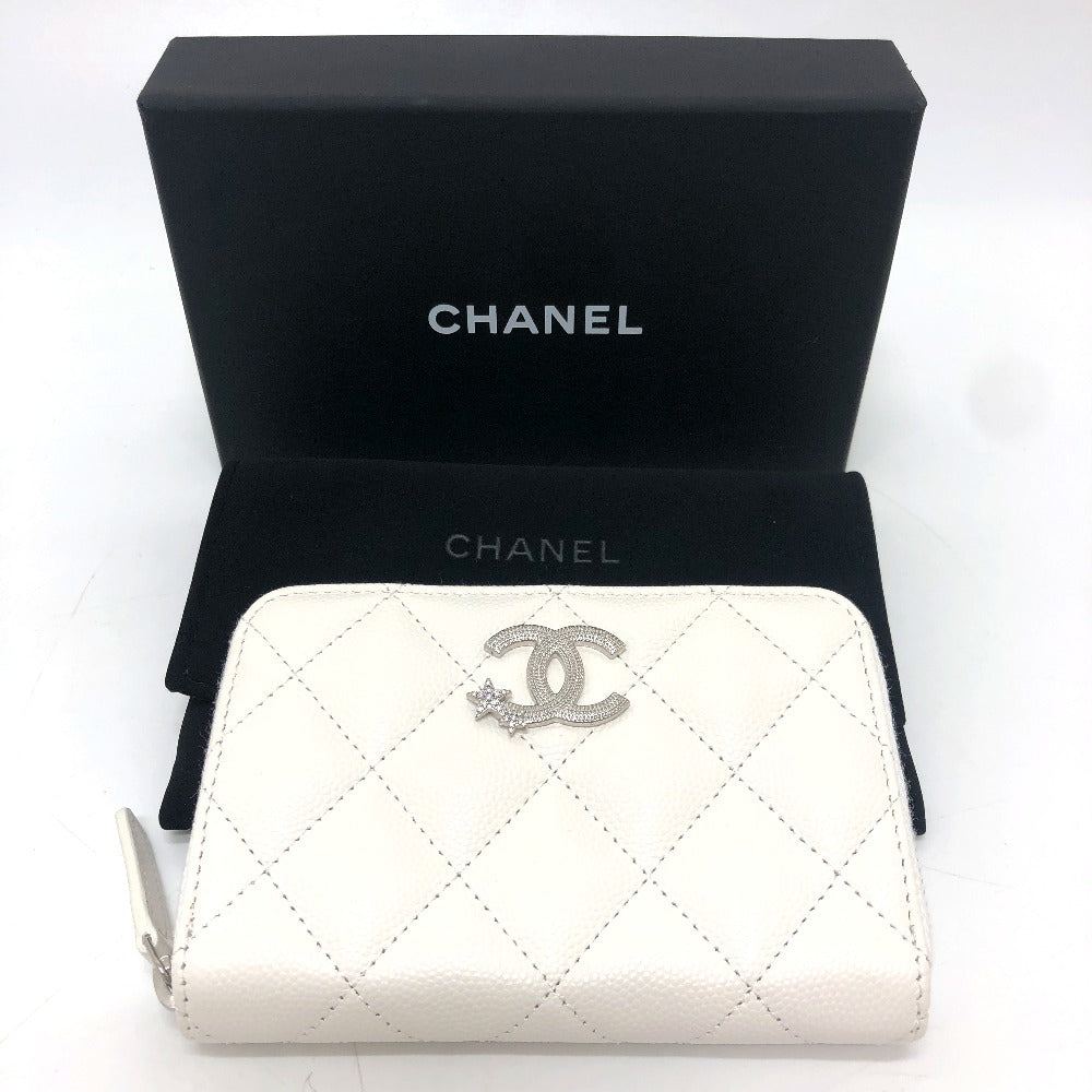 CHANEL AP3728 Star Coco Mark Round Coin Case Compact Wallet Long Wallet Caviar Leather Women's White