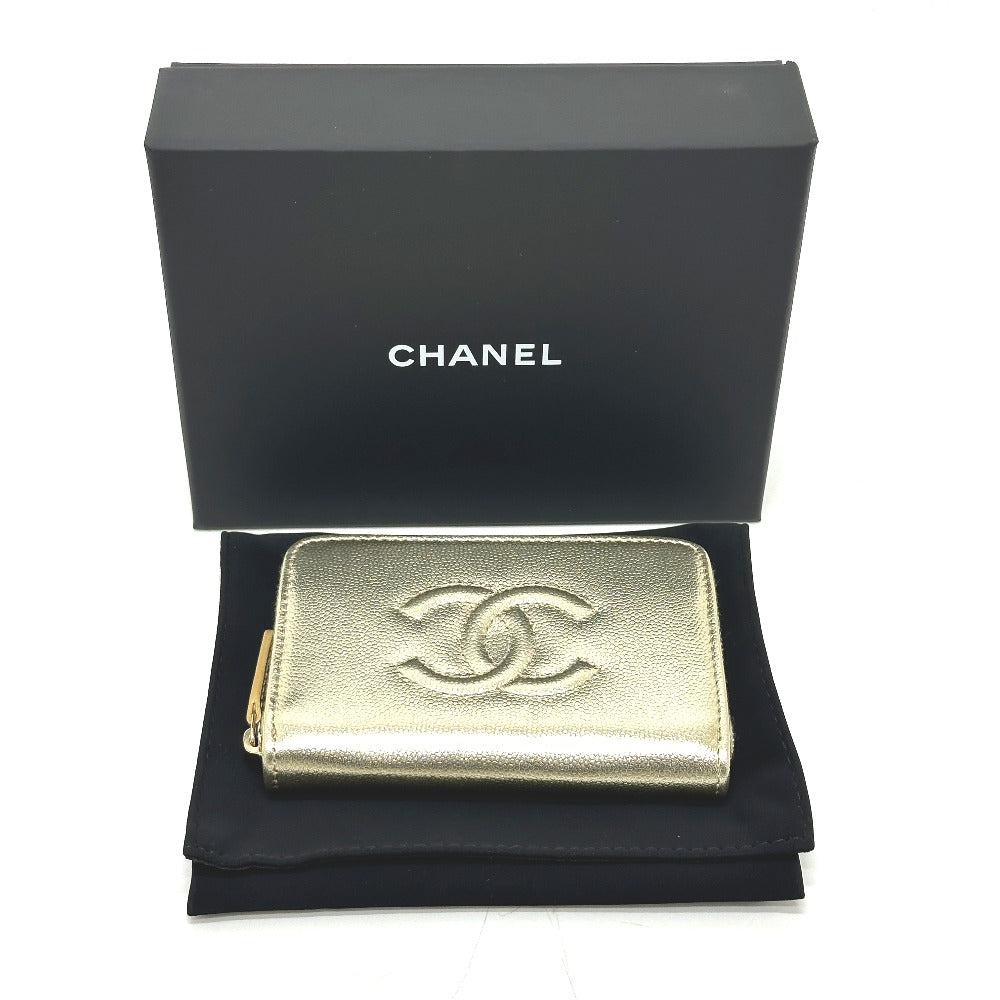 CHANEL AP4658 Coco Mark Métiers d'Art Card Case, Mini Wallet, Coin Case, Caviar Leather, Women's, Gold