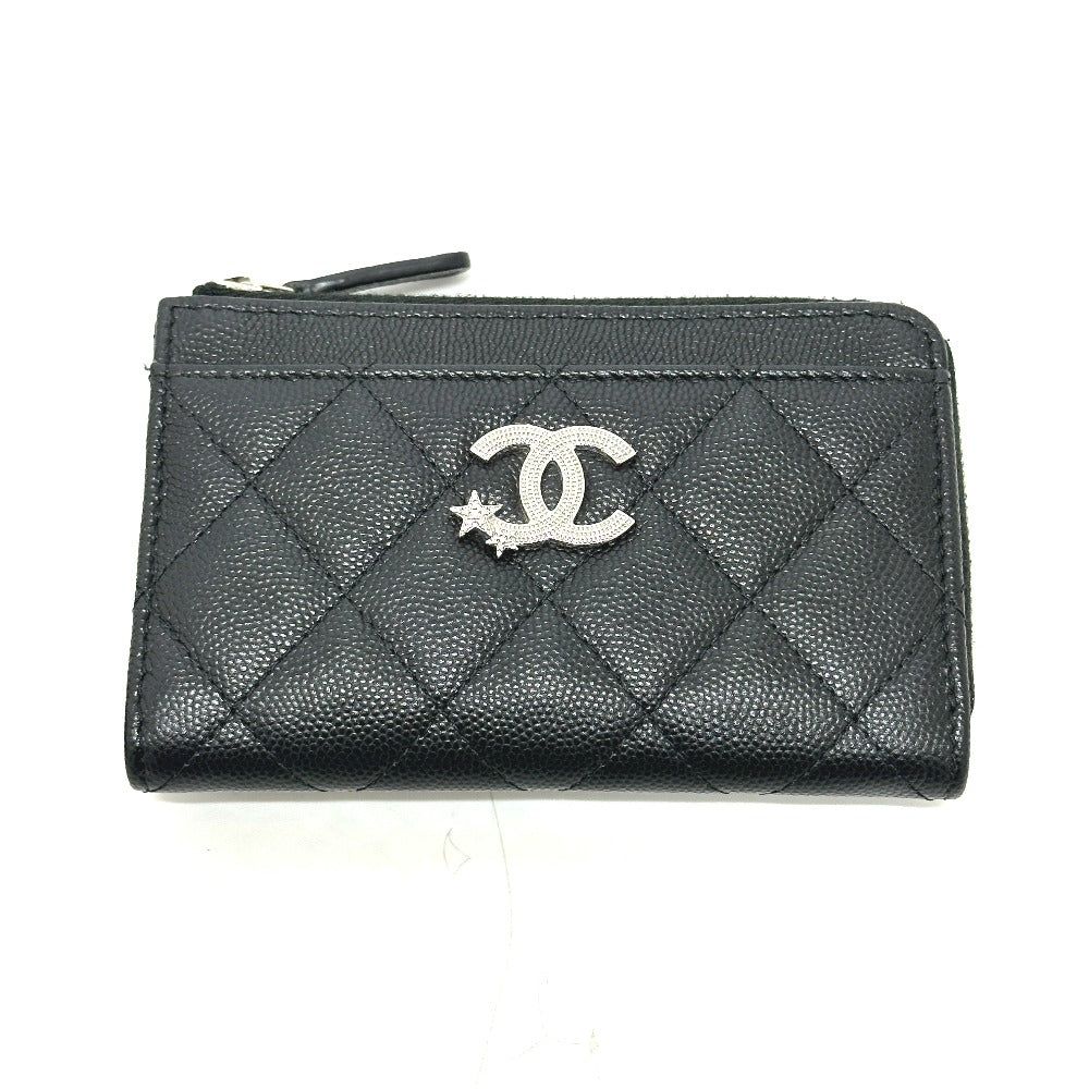 CHANEL AP3732 Matelasse Coco Mark Star CC Card Coin Purse Wallet Coin Case Caviar Skin Women's Black
