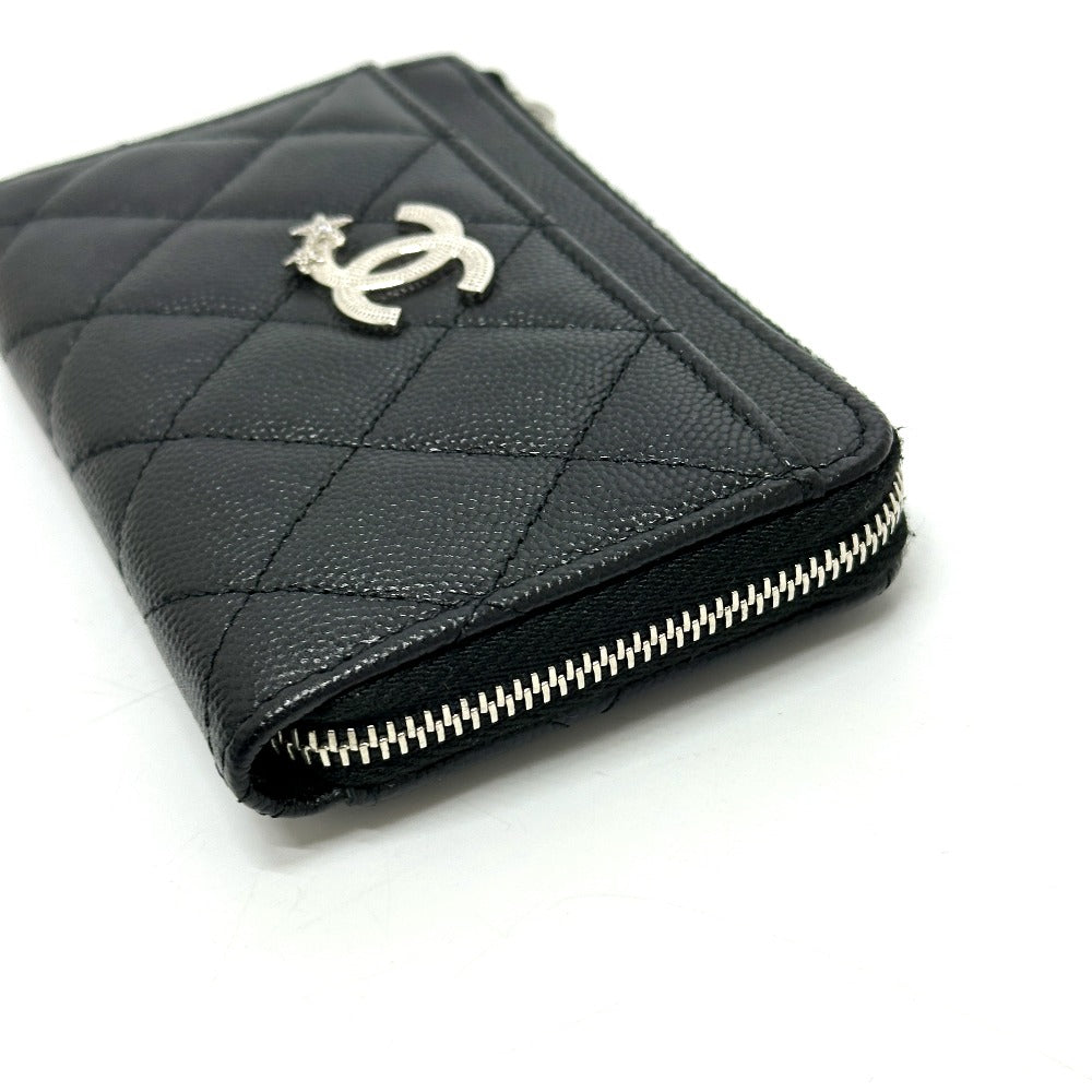CHANEL AP3732 Matelasse Coco Mark Star CC Card Coin Purse Wallet Coin Case Caviar Skin Women's Black