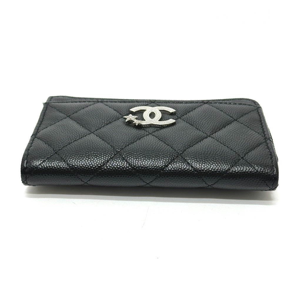 CHANEL AP3732 Matelasse Coco Mark Star CC Card Coin Purse Wallet Coin Case Caviar Skin Women's Black