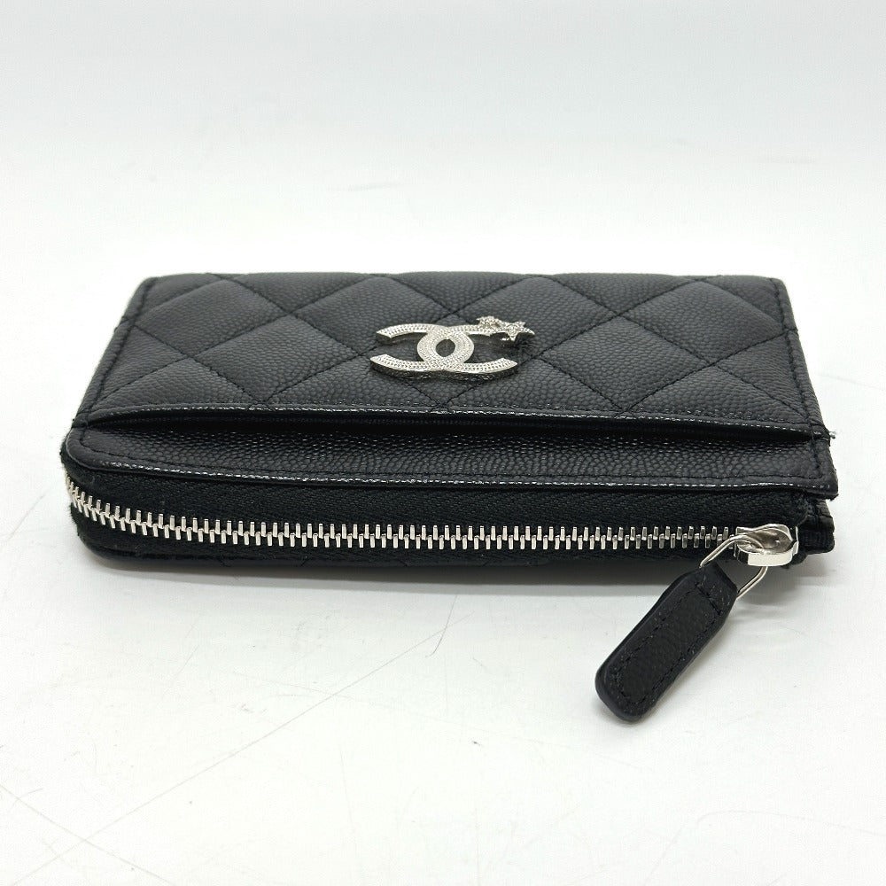 CHANEL AP3732 Matelasse Coco Mark Star CC Card Coin Purse Wallet Coin Case Caviar Skin Women's Black