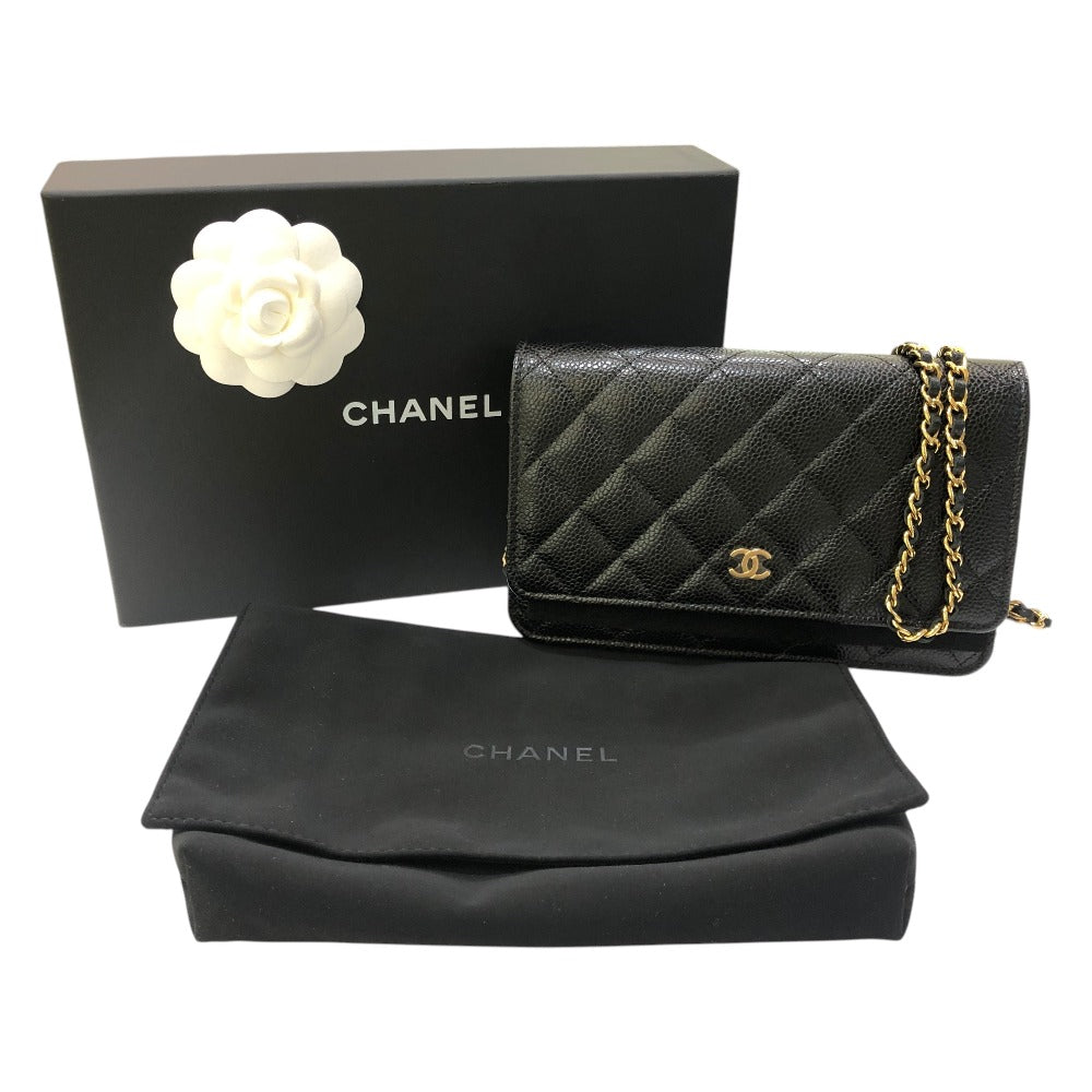 CHANEL AP0250 マトラッセ ココマーク チェーンウォレット カバン 財布 斜め掛け ショルダーバッグ キャビアスキン レディース ブラック