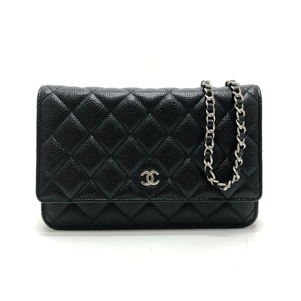 CHANEL AP0250 Matelasse CC Mark Classic Chain Wallet SilverHardware Shoulder Bag Caviar Leather Black Used