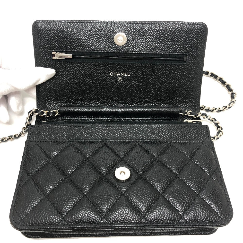 CHANEL AP0250 Matelasse CC Mark Classic Chain Wallet SilverHardware Shoulder Bag Caviar Leather Black Used