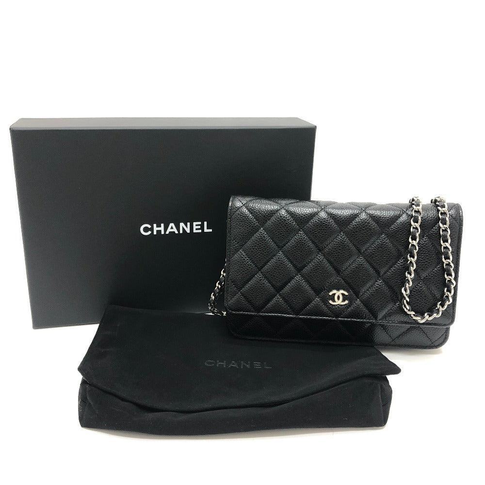 CHANEL AP0250 Matelasse CC Mark Classic Chain Wallet SilverHardware Shoulder Bag Caviar Leather Black Used