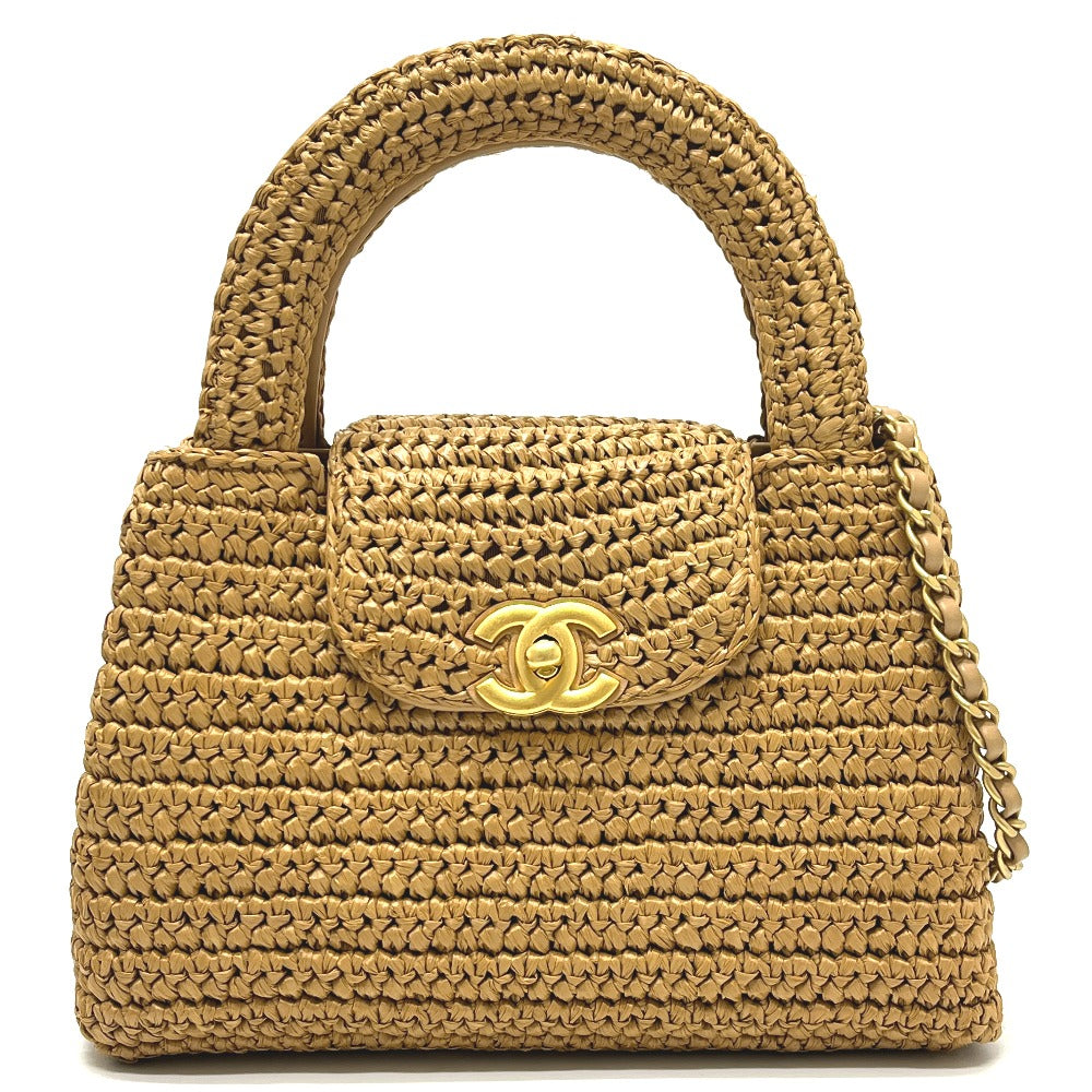 CHANEL 26C Mini Shopping 2-Way Straw Basket Bag with Chain Shoulder Pochette Hand Bag Raffia Beige Used