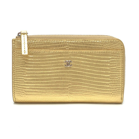 CHANEL AP5192 CC Mark Embossing L-shaped Fragment Case Mini Wallet coin purse Leather Gold Used