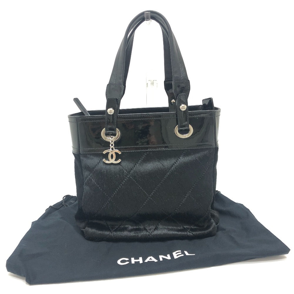 CHANEL A34208 CC Coco Mark Paris-Biarritz PM Enamel x Harako x Leather Tote Bag, Women's, Black