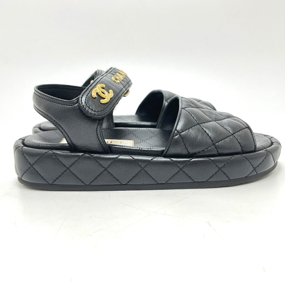 CHANEL G45430 Matelasse Logo CC Mark Velcro shoes Sandals Leather Black Used