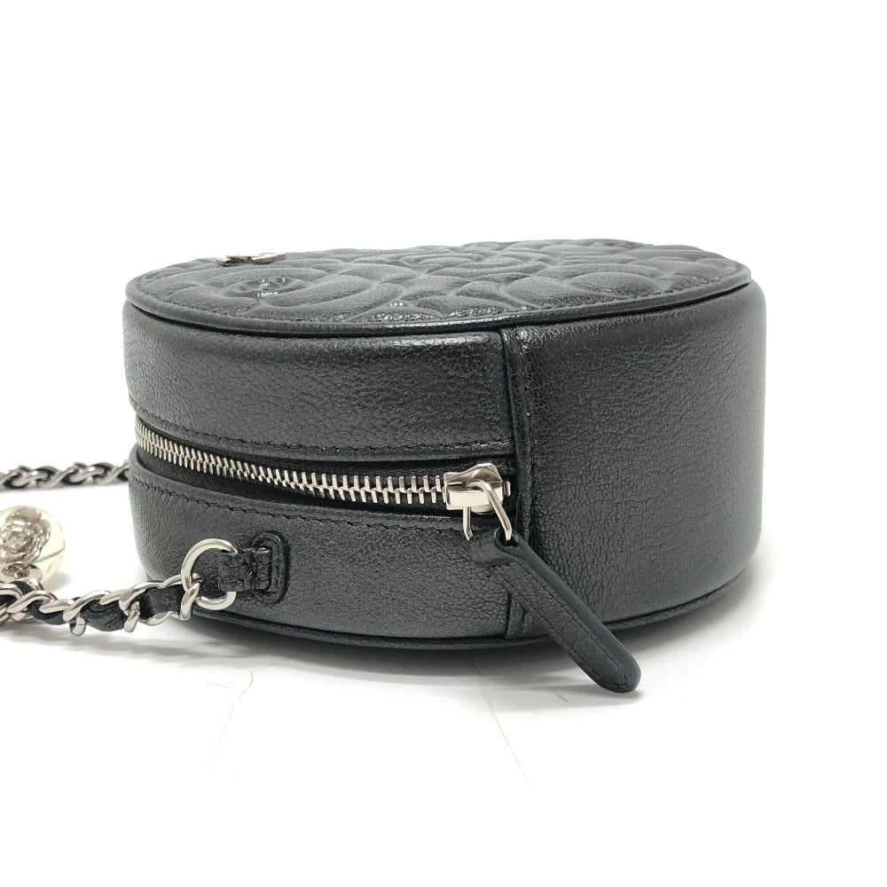 CHANEL 不明 カメリア CC ココマーク ロゴ 斜め掛け カバン ラウンド ミニ ショルダーバッグ レザー レディース グレー