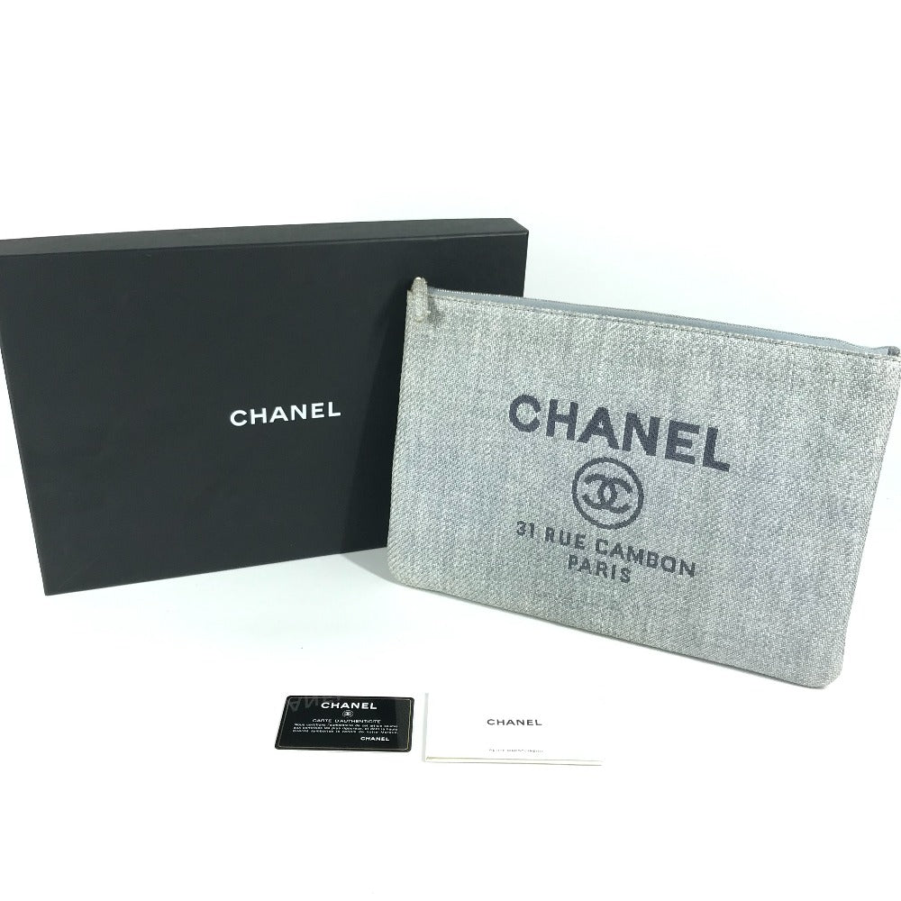 CHANEL ロゴ ドーヴィル ポーチ カバン クラッチバッグ キャンバス レディース ブルー