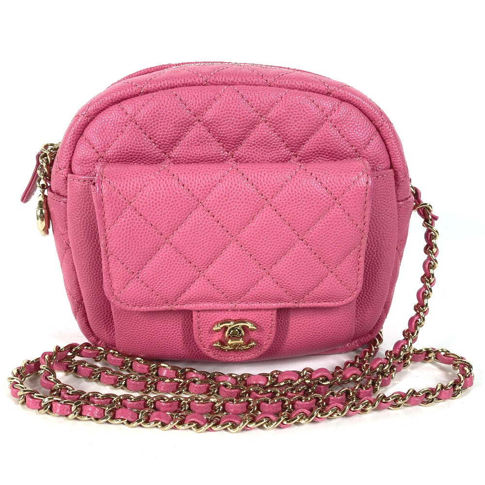 CHANEL マトラッセ キルティング チェーンバッグ CC ココマーク 斜め掛け ポシェット ショルダーバッグ キャビアスキン レディース ピンク