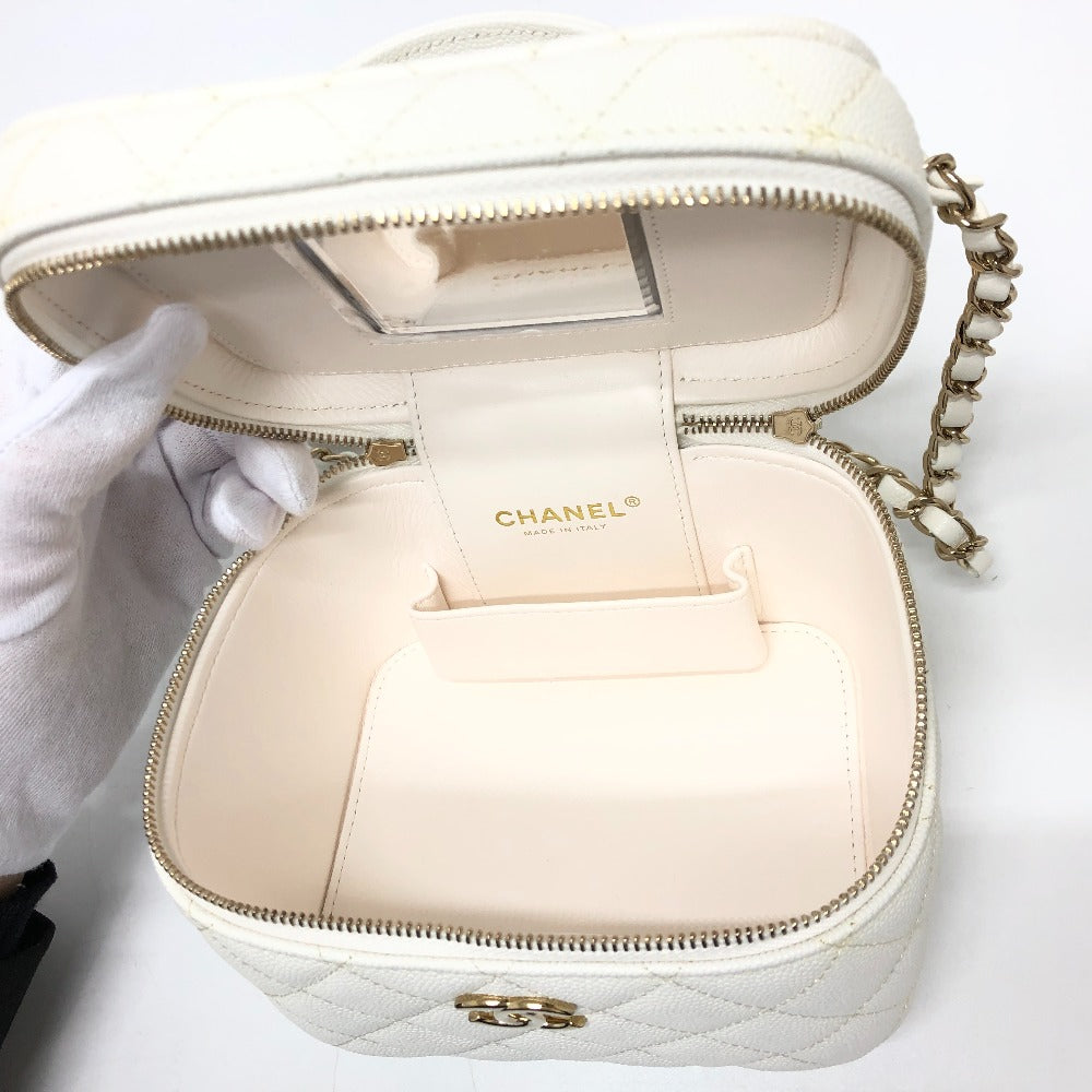 CHANEL AS3171 Coco Mark CC Vanity Bag, Chain Bag, 2-Way Handbag/Shoulder Bag, Caviar Skin, White, Women's