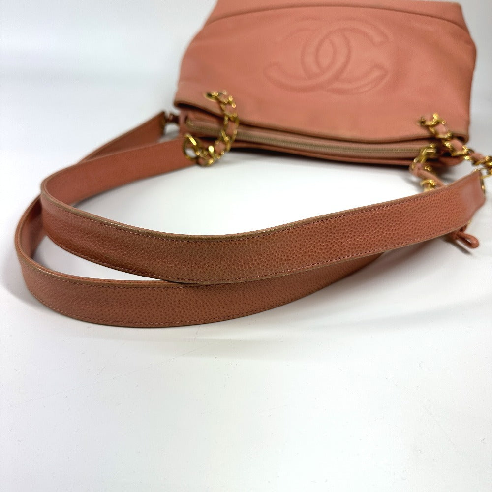 CHANEL ヴィンテージ CC ココマーク Wチェーン ロゴ 肩掛け カバン トートバッグ チェーンバッグ ショルダーバッグ キャビアスキン レディース ピンク