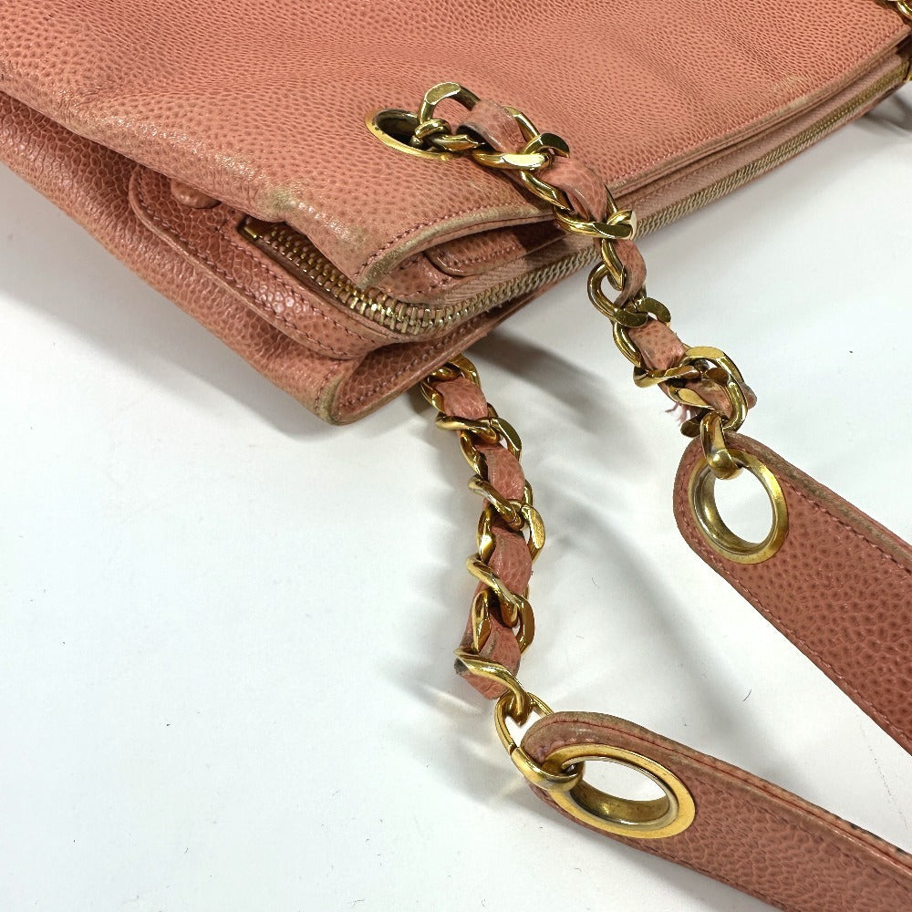 CHANEL ヴィンテージ CC ココマーク Wチェーン ロゴ 肩掛け カバン トートバッグ チェーンバッグ ショルダーバッグ キャビアスキン レディース ピンク