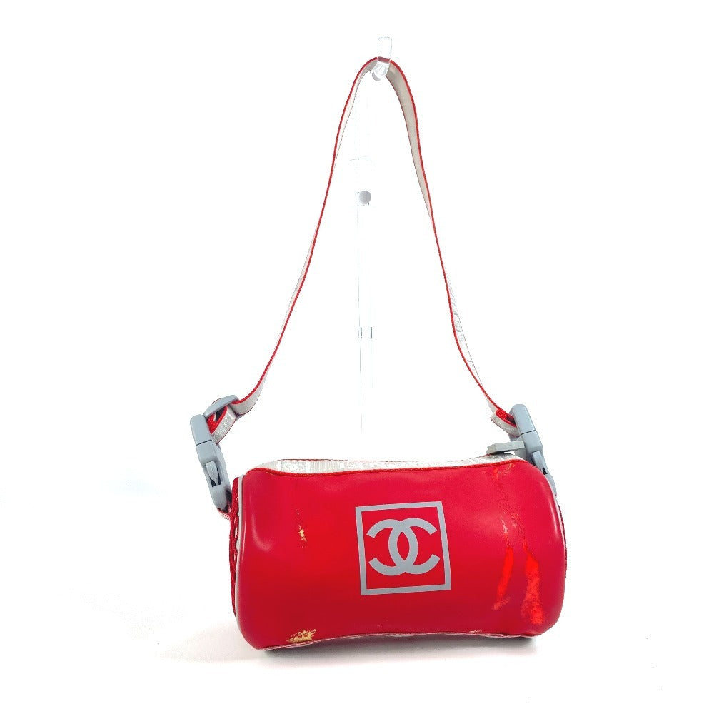 CHANEL スポーツ バイカラー ロゴ 筒形 肩掛け ハンドバッグ ラバー レディース レッド