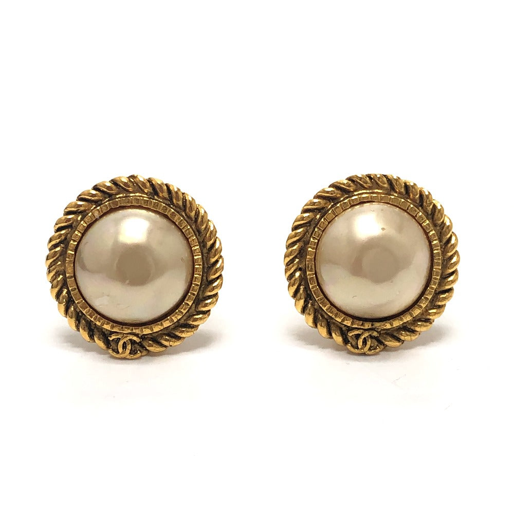 CHANEL vintage CC CC Mark logo Chain & Faux Pearl Clip-on Earrings Metal Gold Used