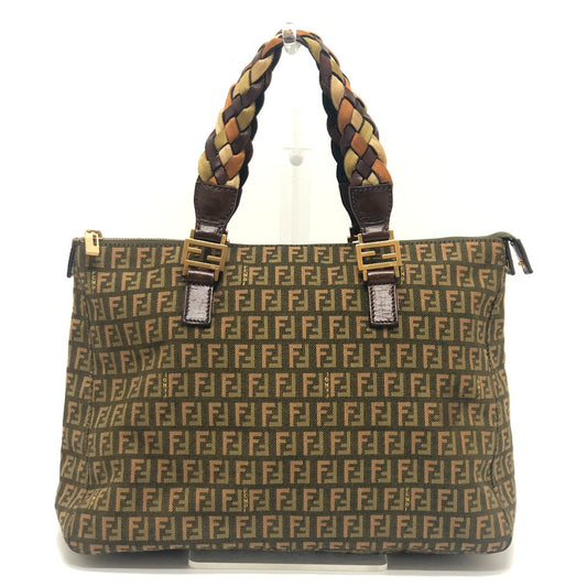 FENDI Zucca/Zucchino Pattern Tote Bag with Braided Handles, Canvas Handbag, Women's, Khaki