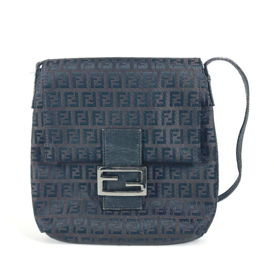 FENDI ズッカ ズッキーノ カバン フラップ ポシェット 斜め掛け ショルダーバッグ キャンバス/レザー レディース ブラック