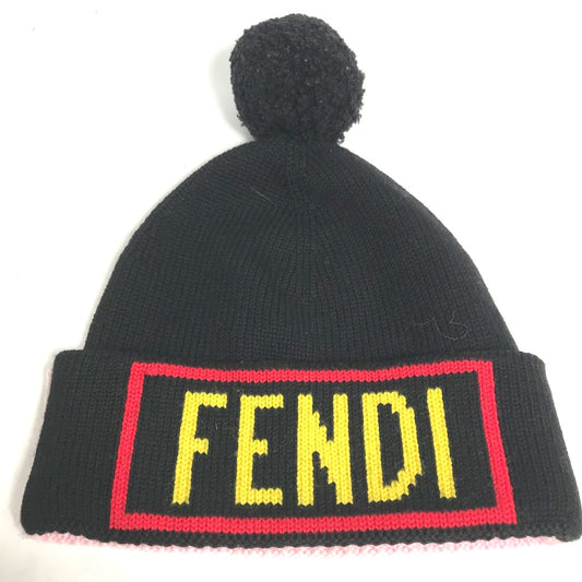FENDI FXQ056 バイカラー ロゴ ポンポン付き ビーニー 帽子 ニット帽 ニットキャップ ニット帽 ウール レディース ピンク
