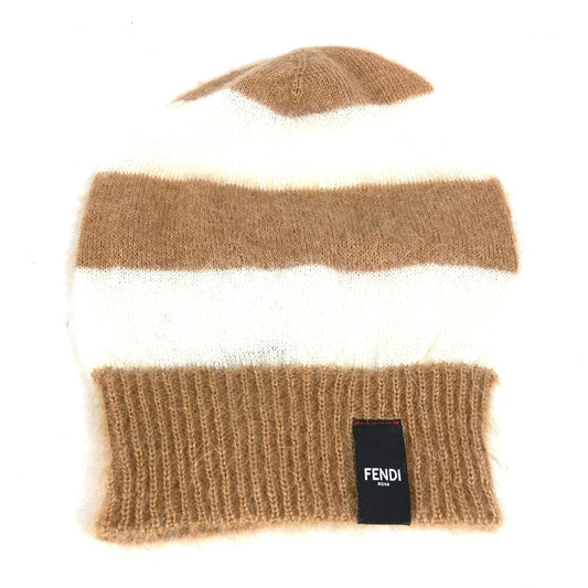 FENDI FXQ107 ボーダー ビーニー 帽子 ニット帽 ニットキャップ ニット帽 メンズ ブラウン