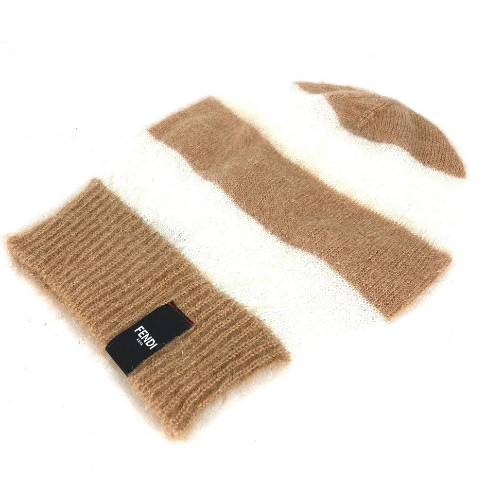 FENDI FXQ107 ボーダー ビーニー 帽子 ニット帽 ニットキャップ ニット帽 メンズ ブラウン