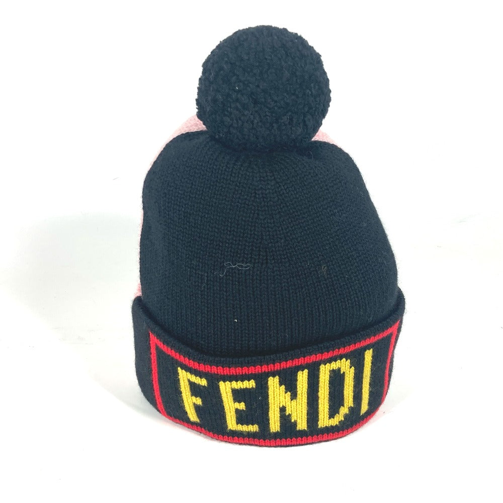 FENDI FXQ056 ビーニー 帽子 ニット帽 ニットキャップ ロゴ ポンポン付き ニット帽 ウール ユニセックス ブラック - brandshop-reference