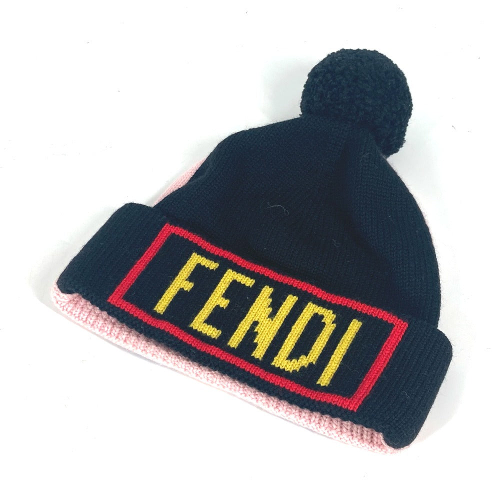 FENDI FXQ056 ビーニー 帽子 ニット帽 ニットキャップ ロゴ ポンポン付き ニット帽 ウール ユニセックス ブラック - brandshop-reference