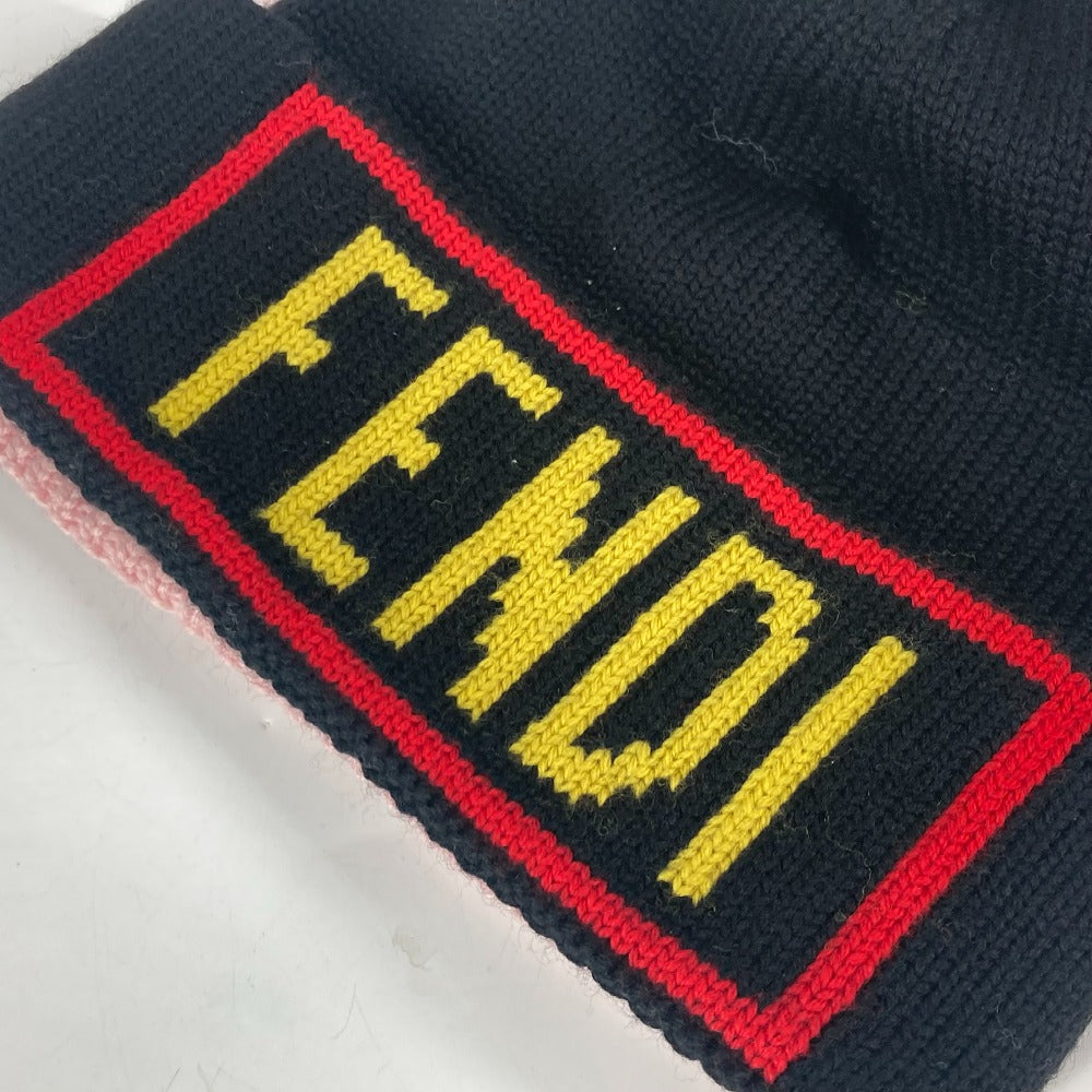 FENDI FXQ056 ビーニー 帽子 ニット帽 ニットキャップ ロゴ ポンポン付き ニット帽 ウール ユニセックス ブラック - brandshop-reference